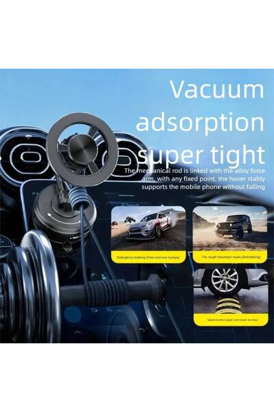 Promass Magnetic phone holder with a long, fully adjustable 360-degree air-pull head; MagSafe metal stand; manual suction.