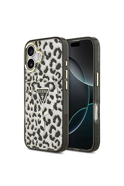 Guess iPhone 17 Uyumlu Kılıf Lisanslı M-safe Özellikli Üçgen Logolu Simli Leopar Desenli Kapak Siyah
