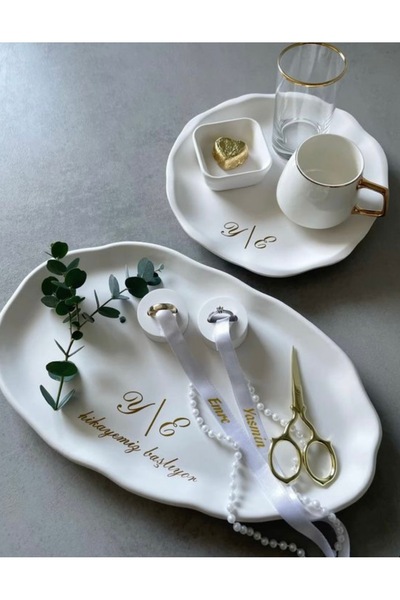 By Şirin Candle El yapımı Beton Damat Kahve Tepsisi( 2) Söz Nişan Tepsisi Yüzüklük (Yazı yok)