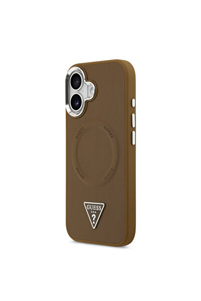 Guess iPhone 17 Compatible Case Licensed M-Safeli Pu Leather Metal Camera Frame Triangle Logo Brown