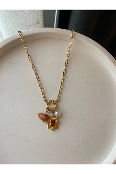 Anetta Jewelry Kadın altın renk charmlı doğal taş ve incili ataç zincir karar...