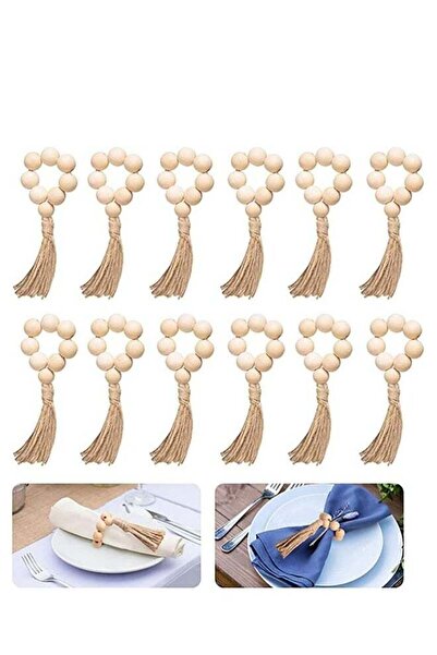 Generic Napkin Rings Set of 12 - Handmade Wood Bead Rings with Rope Tassel for Table Decor