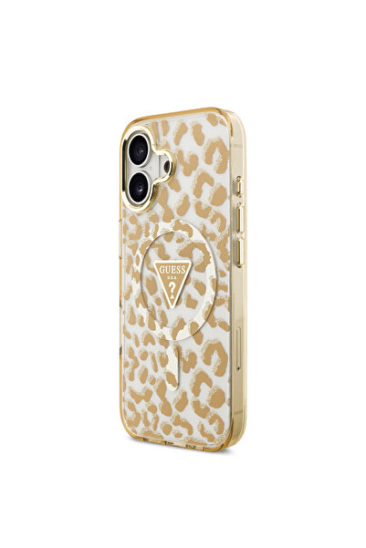 Guess iPhone 17 Compatible Case Licensed M-Safeli Triangle Logo Glitter Leopard Pattern Cover Brown