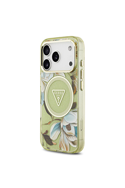 Guess iPhone 17 Pro Max Case Licensed M-Safeli Glittery Floral Patterned Green with Metal Camera Frame