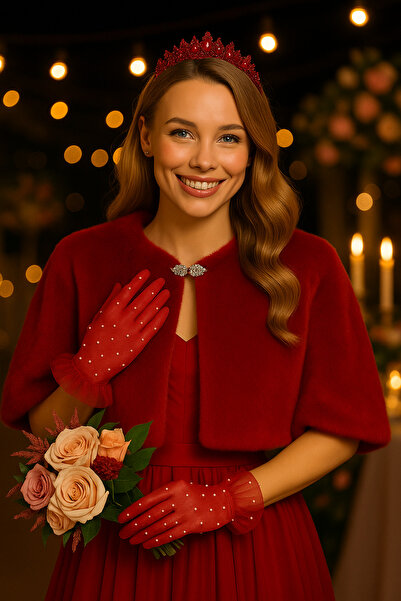 Elegance Scarf Broşlu Premium Kürk Etol Gelin Bolero Gelinlik Bolero Gelin Şalı Gelin Kürkü Abiye Şal Kırmızı