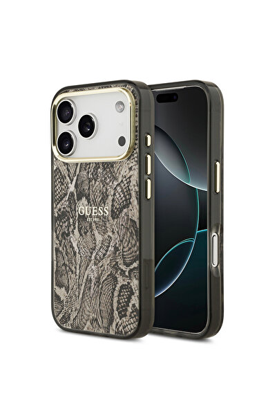 Guess iPhone 17 Pro Max Uyumlu Kılıf Lisanslı M-safeli Yazı Logolu Python Desenli Kapak Kahverengi