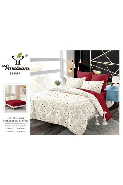 FIONNA.RO Lenjerie De Pat Finet Cu Elastic - Crem Cu Inimioare Bordo