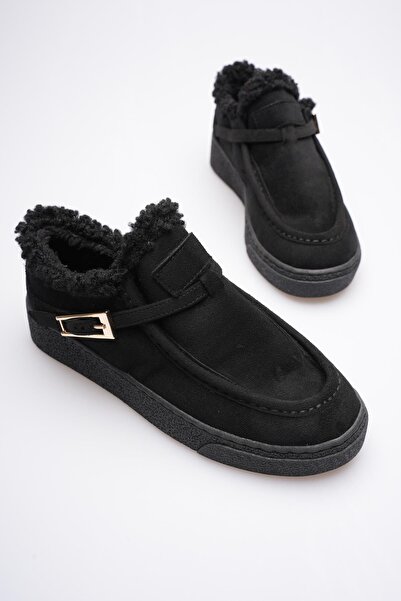 Mubiano Women's Suede Loafer Shoes with Fur Buckle Black Selva