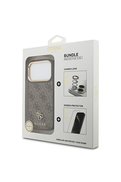 Guess iPhone 17 Pro Licensed 4g Text Logo Case & Screen & Lens Protector 3in1 Accessory Set Brown
