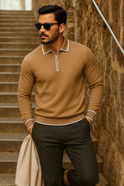 comstar Ανδρικό πουλόβερ με μακρυμάνικο φερμουάρ και γιακά πόλο σε χρώμα καμήλα
