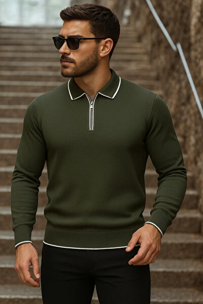 comstar Men's Trend Zippered Long Sleeve Khaki Polo Neck Sweater