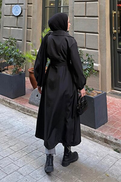 lamelif Trench Coat with Elastic Sleeves Black