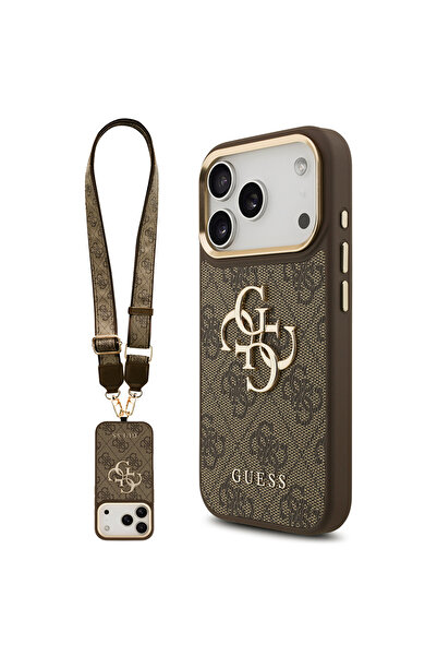 Guess غطاء متوافق مع آيفون 17 برو أصلي مرخص بشعار معدني كبير 4G مع حزام سميك ...