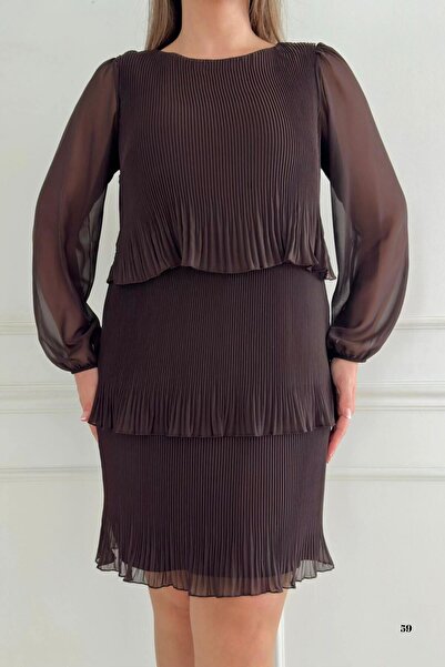 ZISHAN Βραδινό φόρεμα από σιφόν πλισέ πολυτελείας - Μακρύ μανίκι μήκους μίντι (από 36 έως 48) 2663