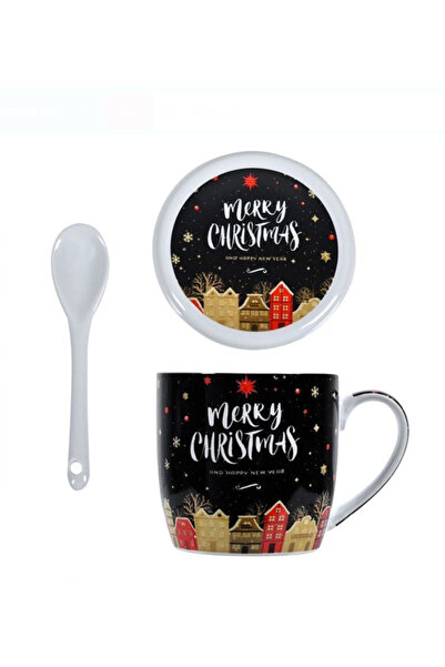 NBPRINT Porcelain Christmas Mug with Lid & Spoon Set "Merry Christmas" - 3pcs
