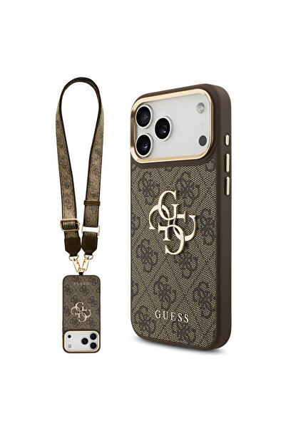 Guess iPhone 17 Pro Max Uyumlu Kılıf Lisanslı 4G Büyük Metal Logolu Kalın Askılı Kapak Kahverengi