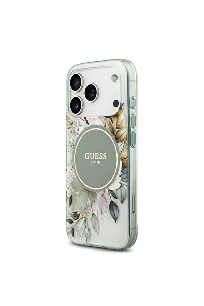 Guess iPhone 17 Pro Compatible Case Original Licensed M-Safe Featured Flower Tonal Circle Cover Green
