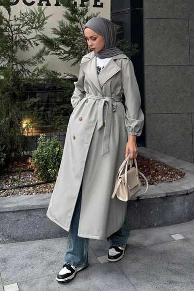 lamelif Trench Coat with Elastic Sleeves Green