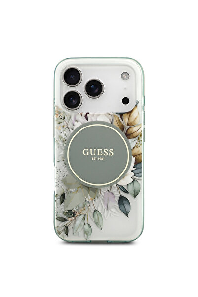 Guess iPhone 17 Pro Compatible Case Original Licensed M-Safe Featured Flower Tonal Circle Cover Green