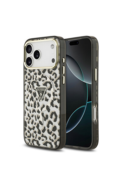 Guess iPhone 17 Pro Max Compatible Case Licensed M-Safeli Triangle Logo Glitter Leopard Pattern Cover Black