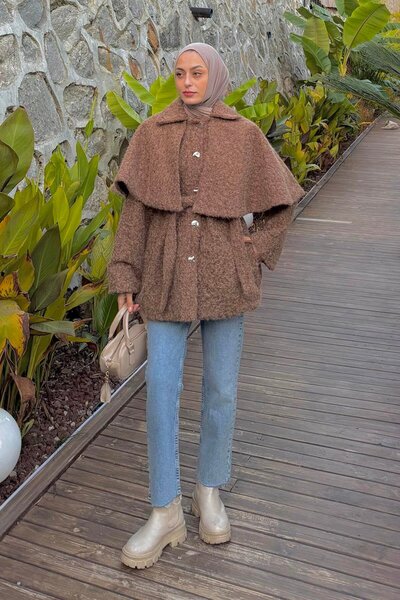 lamelif Μαλακό καφέ παλτό με λεπτομέρεια δεσίματος και κάπα