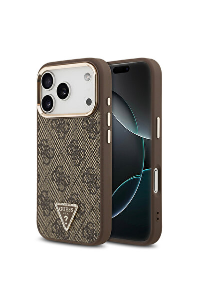 Guess iPhone 17 Pro Case Licensed M-Safeli Gold Camera Frame with Stone Triangle Logo 4g Patterned Coffee