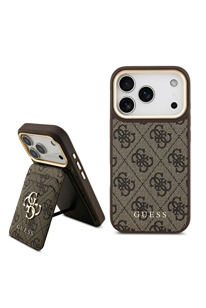 Guess iPhone 17 Pro Compatible Case Licensed M-Safeli 4g Metal Large Logo Card Holder Cover Brown
