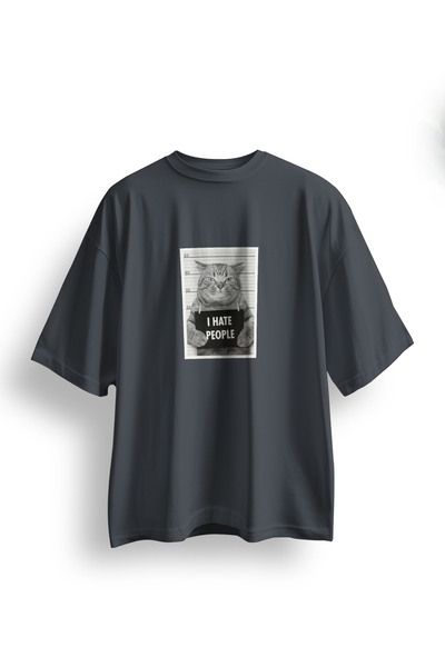 Koi Art Design I Hate People Cat / Oversize Unisex T-Shirt / %95 Pamuk Premiu...