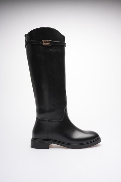 Mubiano Women's Leather Pull-On Boots Black Narella with Gold Buckle