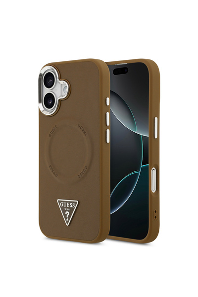 Guess iPhone 17 Compatible Case Licensed M-Safeli Pu Leather Metal Camera Frame Triangle Logo Brown