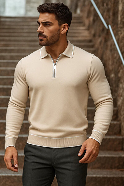 comstar Ανδρικό πουλόβερ με μακρυμάνικο φερμουάρ σε μπεζ χρώμα με λαιμόκοψη πόλο