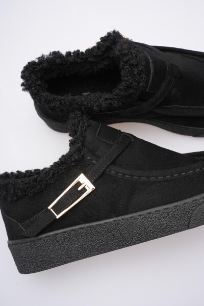 Mubiano Women's Suede Loafer Shoes with Fur Buckle Black Selva