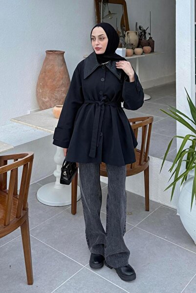 lamelif Garni Collar Trench Coat Black