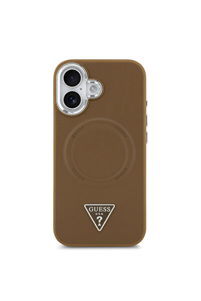 Guess iPhone 17 Compatible Case Licensed M-Safeli Pu Leather Metal Camera Frame Triangle Logo Brown