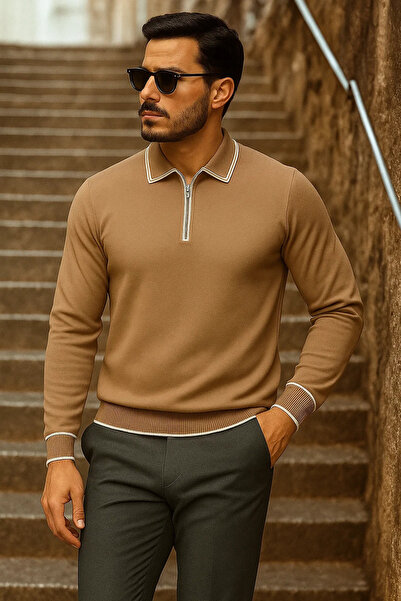 comstar Ανδρικό πουλόβερ με μακρυμάνικο φερμουάρ και γιακά πόλο σε χρώμα καμήλα