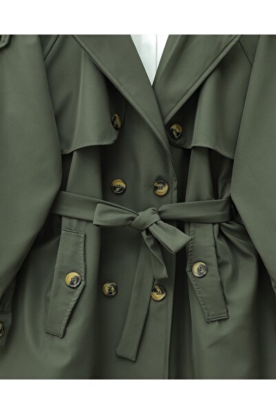 Modamorfo Omzu Epaulet Double Buttoned Bolero Trench Coat with Pockets and Belt - Khaki