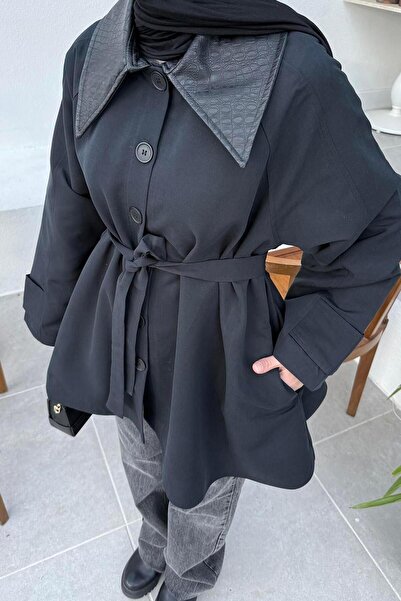 lamelif Garni Collar Trench Coat Black