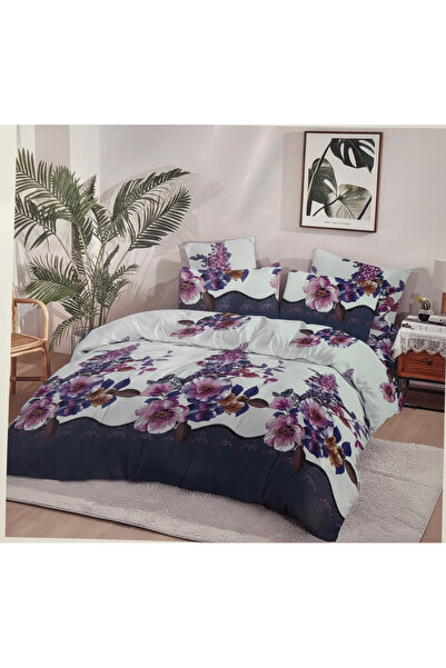 Brava Casa Violet Dream Double Bed Linen, 6 Pieces, Fine, White with Purple and Lilac Flowers, BravaCasa
