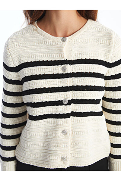 LC Waikiki Crew Neck Striped Women's Knitwear Cardigan