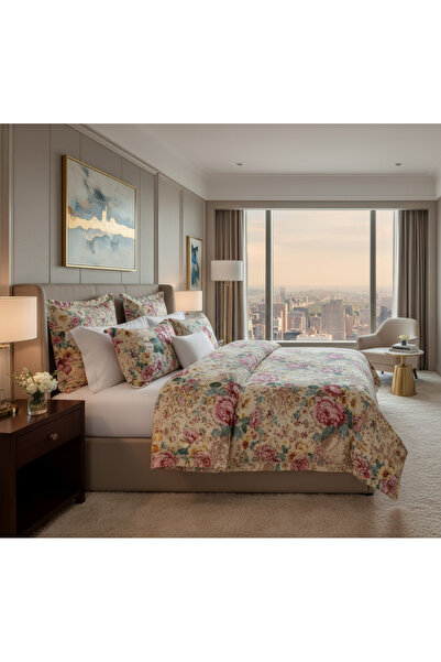 Brava Casa Vintage Floral Double Bed Linen, 6 Pieces, Fine, Cream with Burgundy Flowers, BravaCasa