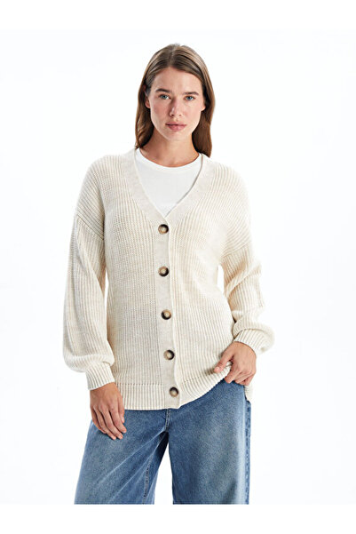 LC Waikiki V-Neck Self Patterned Long Sleeve Women's Knitwear Cardigan