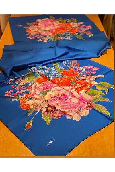 vavelli %100 Twill İpek Şal Büyük Gül Desen Mavi