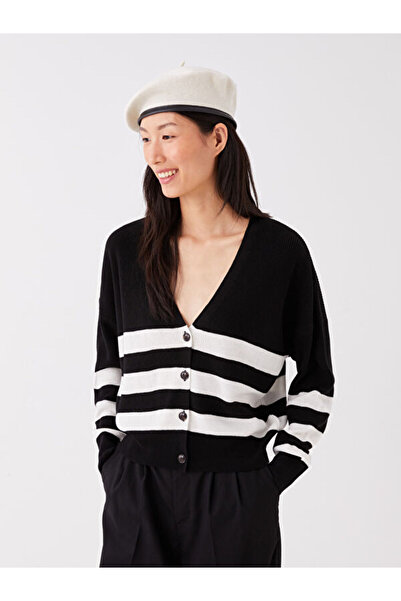 LC Waikiki V-Neck Color Blocked Long Sleeve Women's Knitwear Cardigan