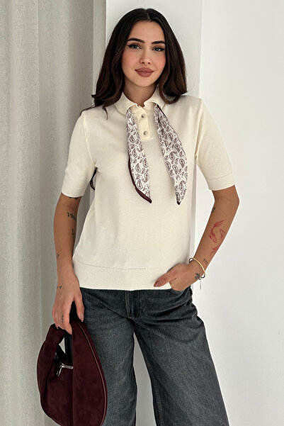 Noa Noa Women's Polo Neck Buttoned Scarf Detail Knit Sweater – Retro Accent