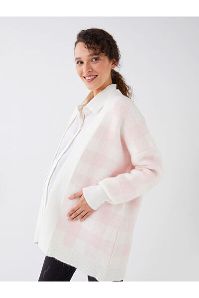 LC Waikiki Shawl Collar Plaid Long Sleeve Oversize Maternity Knitwear Cardigan