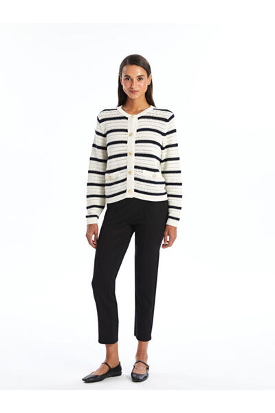 LC Waikiki Crew Neck Striped Women's Knitwear Cardigan
