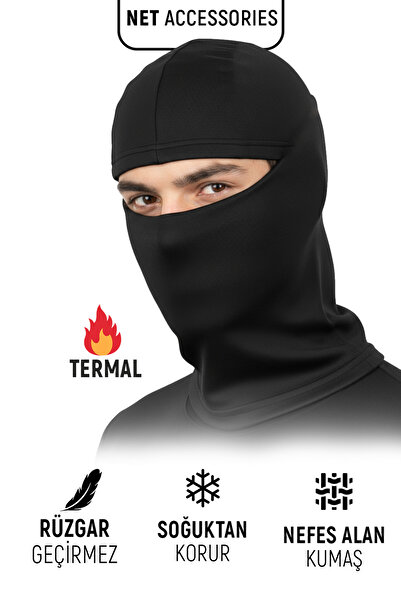 Net Tekstil Siyah Termal Yüz Kar Maskesi Rüzgar Geçirmez Kışlık Unisex