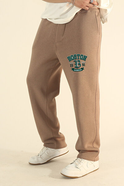 EydaMoon Ανδρικό χαλαρό χειμερινό παντελόνι Boston με τύπωμα με μάλλινο φλις εσωτερικά, φαρδύ παντελόνι με φαρδύ πόδι