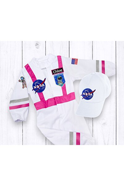Mum Design Gifts PEMBE-GRİ ŞERİTLİ BEYAZ ASTRONOT KOSTÜMÜ