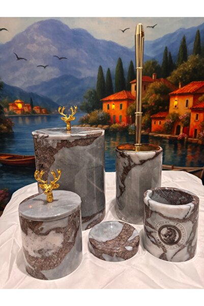 Home 🔥 SON 1 ADET! Troya Stone Ateş Gri Mermer Banyo Seti 6'lı – Altın Geyik...